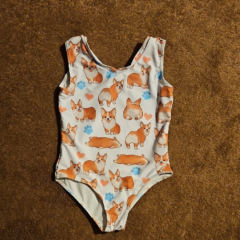 Girls One Piece with Corgi and Heart Print Swim Suit Size 12